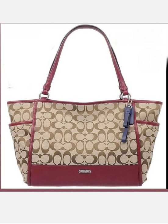 Coach Handbags - Coach Park Signature Carrie Tote Beige With Burgundy Trim